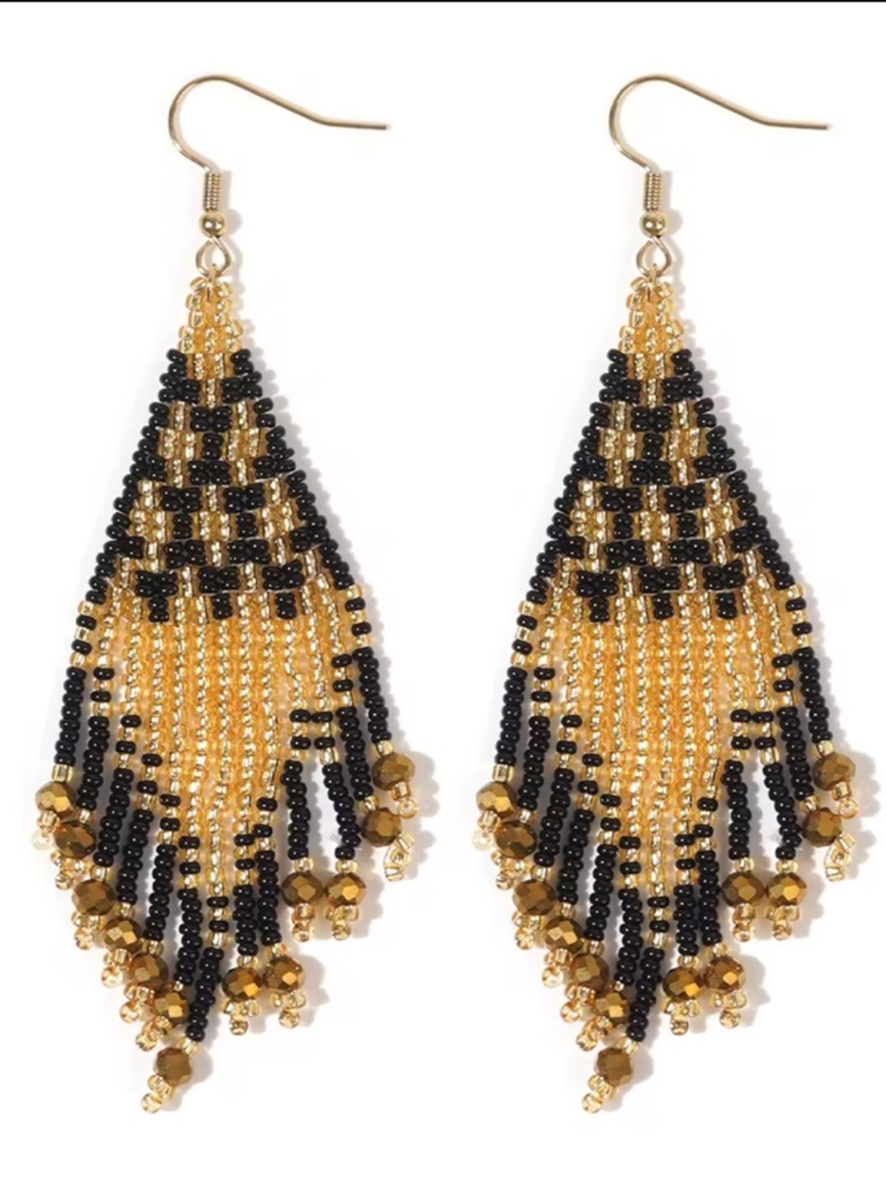 Beaded Fringe Dangle Earrings - Gold and Black